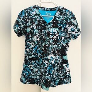 Barco Uniforms Women's V-Neck Floral Top - Black and Teal